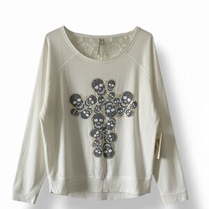 💀 Women’s Bone White Sweater Lace Back Skull Gold Cross